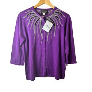 NWT Bob Mackie Cardigan Sweater Women’s Medium Purple Wearable Art Sequins Retro